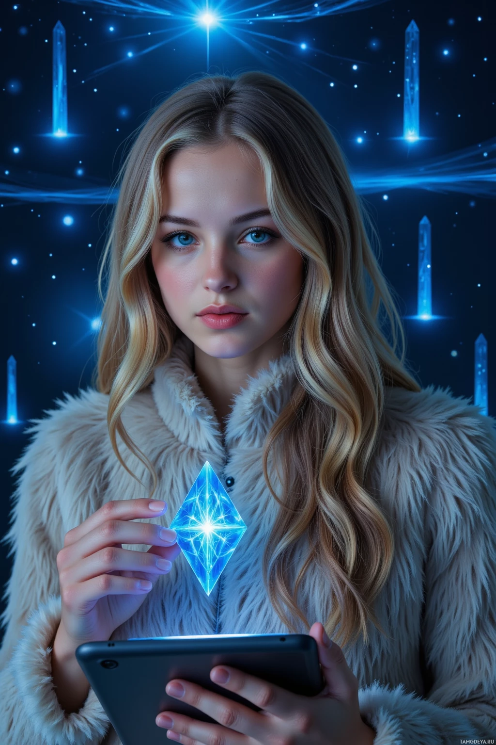 A person with long blonde hair wearing a fur coat holds a glowing blue tablet.