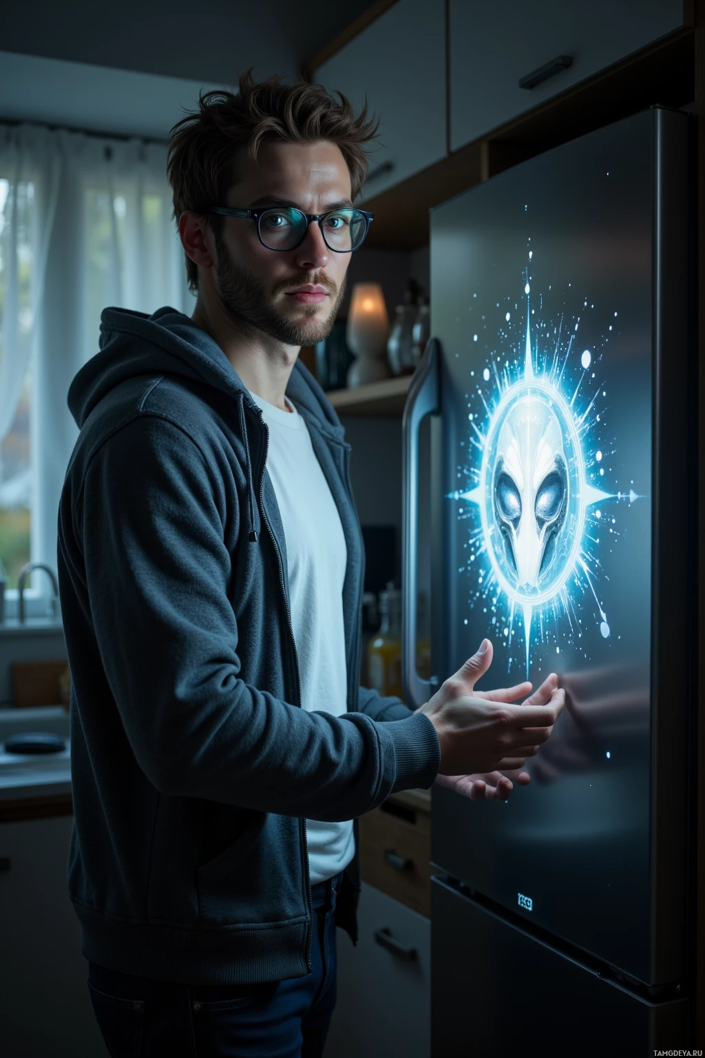 A man in a hoodie stands in a kitchen, looking at a glowing alien face on a refrigerator.