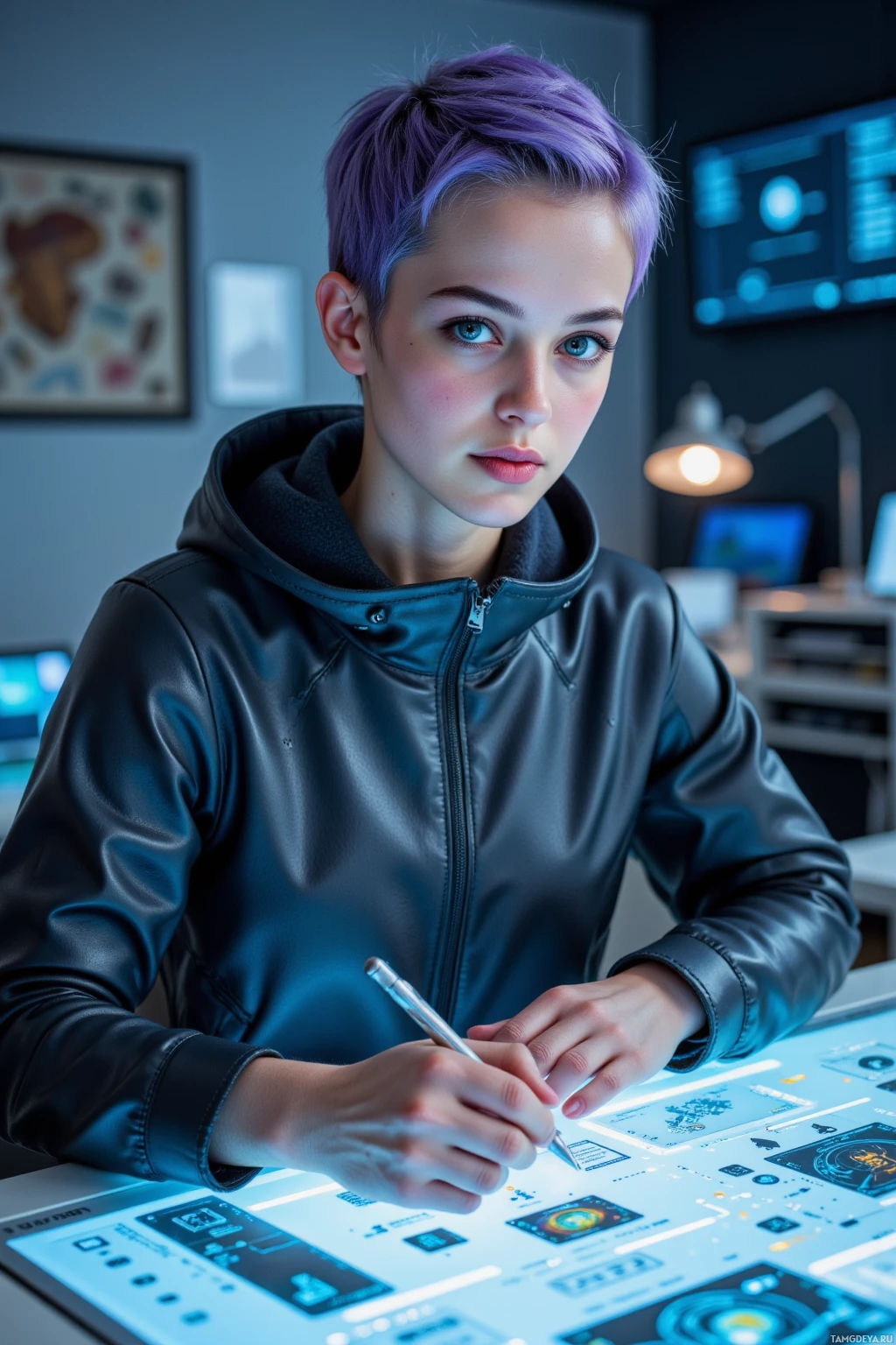 A person with short purple hair wearing a black jacket is working at a futuristic desk with a pen.