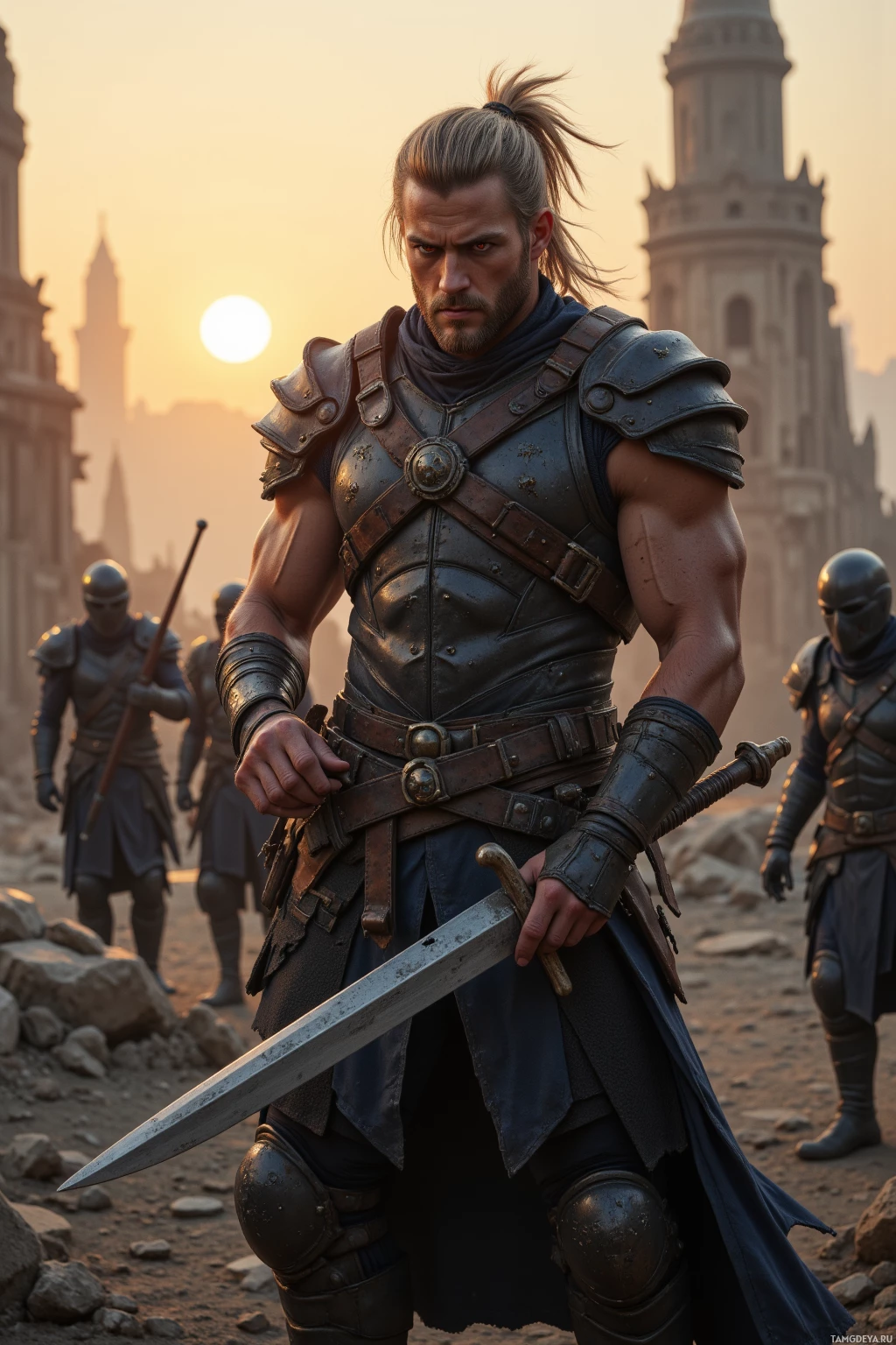 A warrior in armor holds a sword, standing in a rugged landscape with other armored figures in the background.