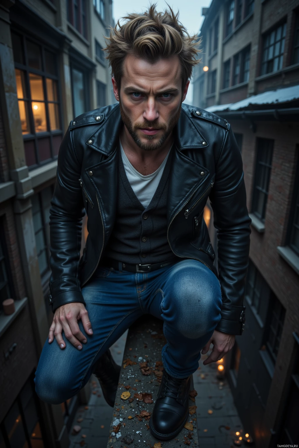 A man in a leather jacket and jeans crouches on a ledge in an urban alleyway.
