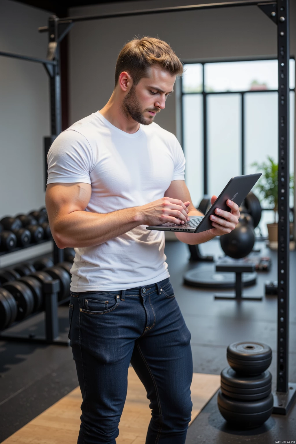 A man in a gym uses a laptop while standing.