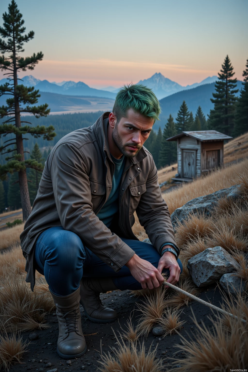 A man in a brown jacket and jeans kneels on a rocky hillside, tying a rope, with a scenic mountain backdrop and a small wooden structure nearby.