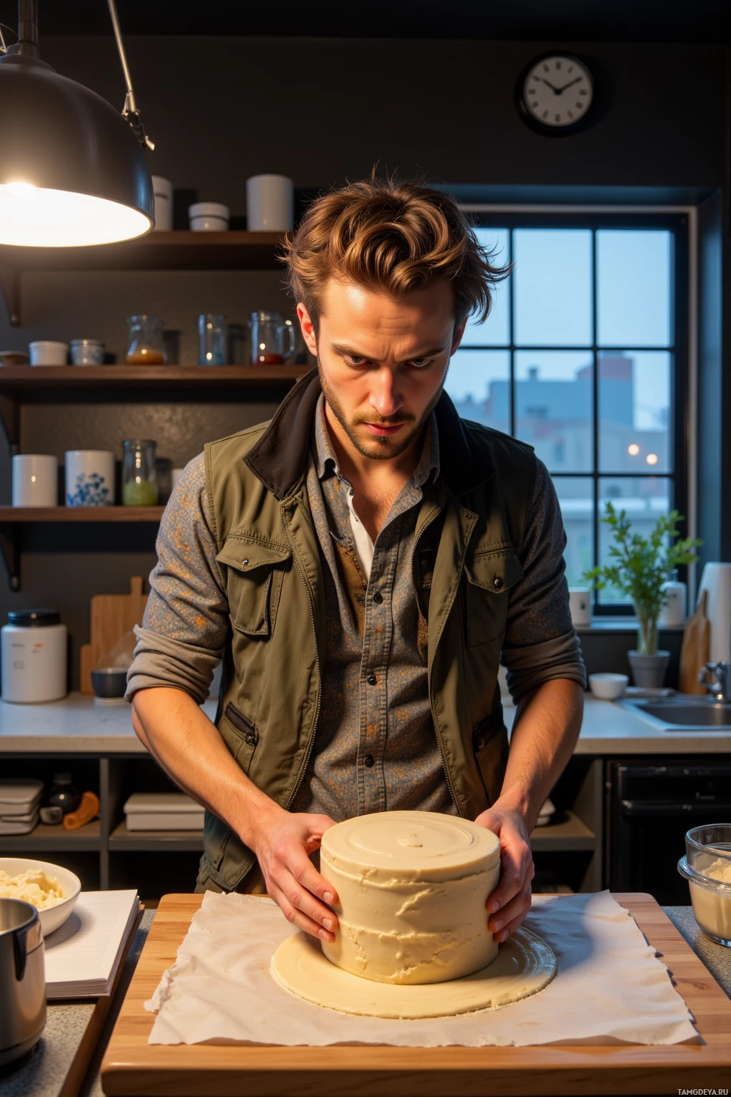 A man is carefully handling a frosted cake in a kitchen.
