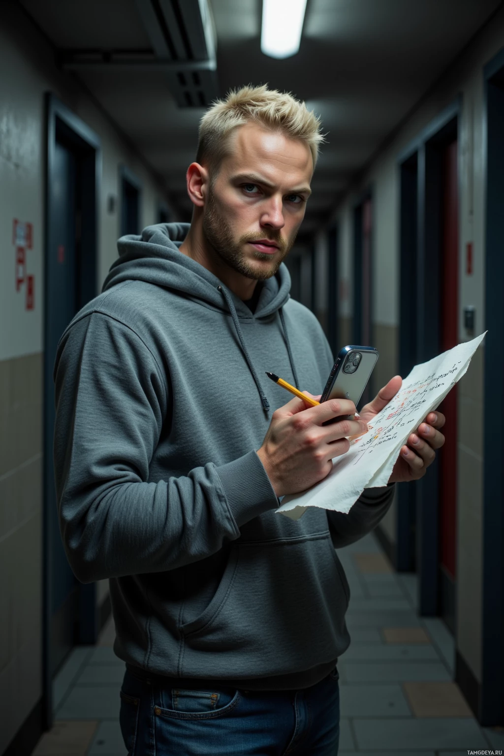 A man in a hoodie stands in a hallway, holding a phone and a piece of paper.