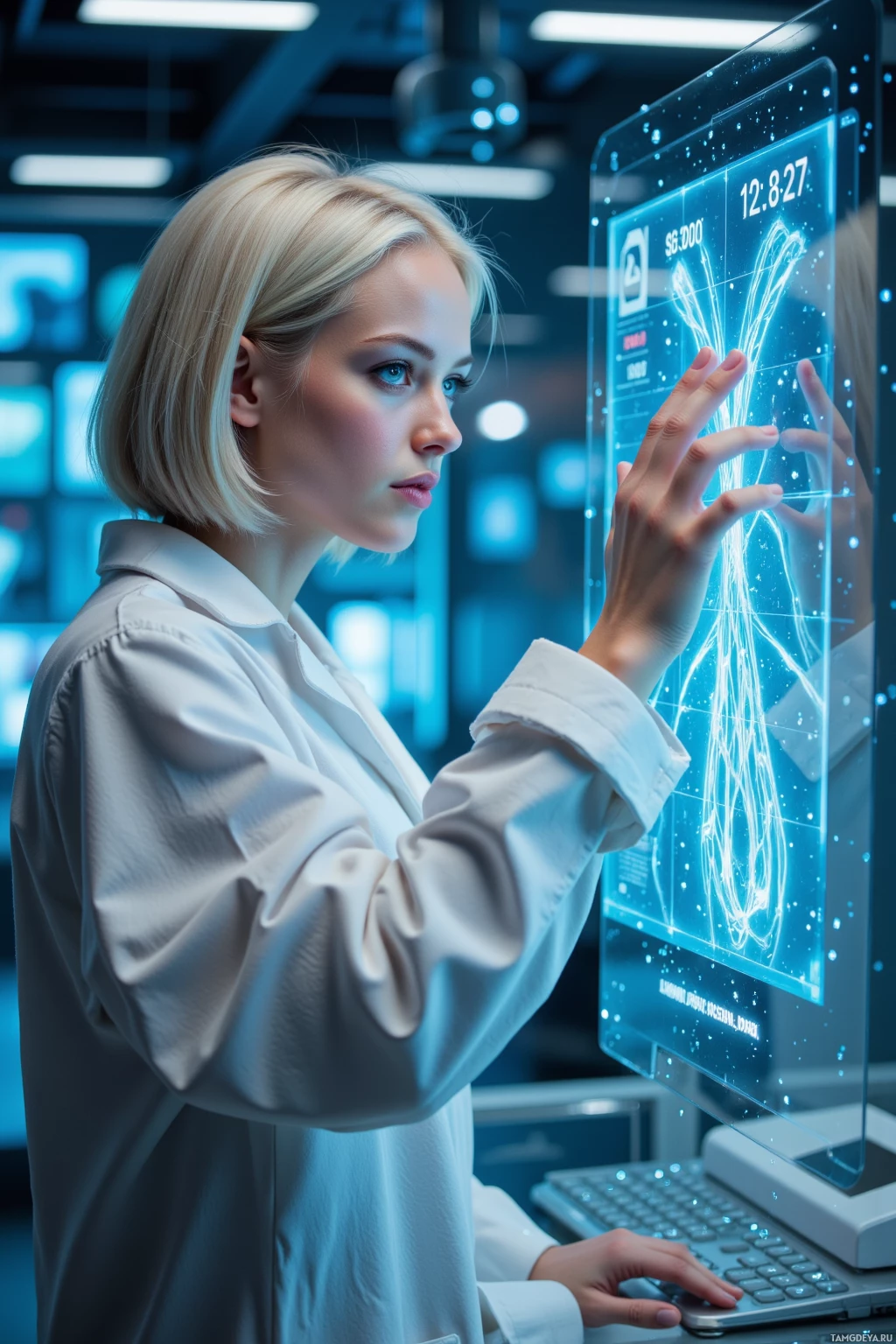 A person in a lab coat interacts with a futuristic computer interface.