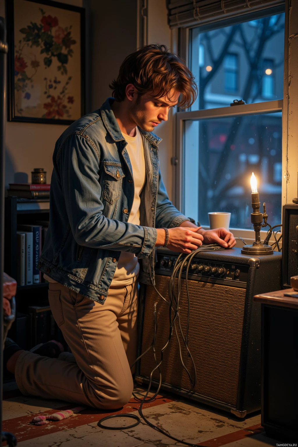 A person in a denim jacket kneels by a guitar amplifier, adjusting cables in a cozy room with a window view.