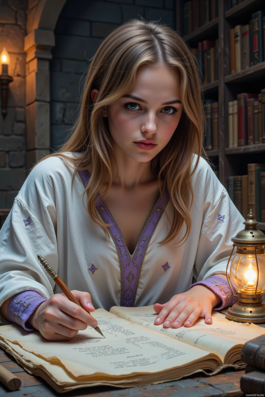 A person in a white robe with purple accents is writing in a book with a quill pen.