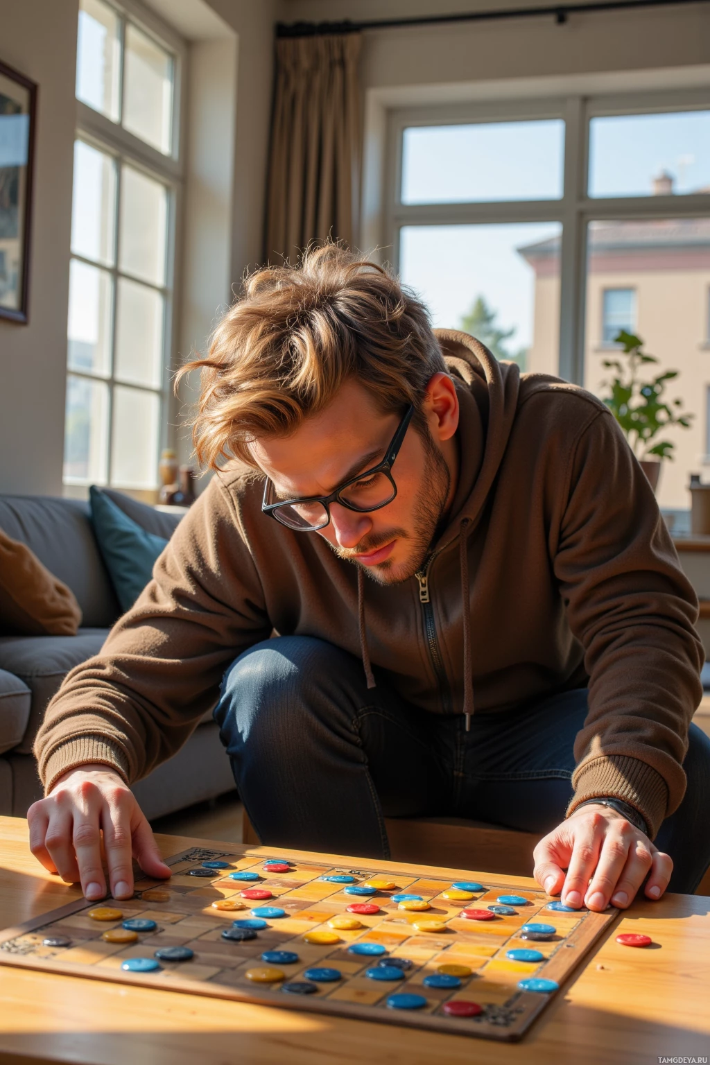 A person is playing a board game at a table in a well-lit room.