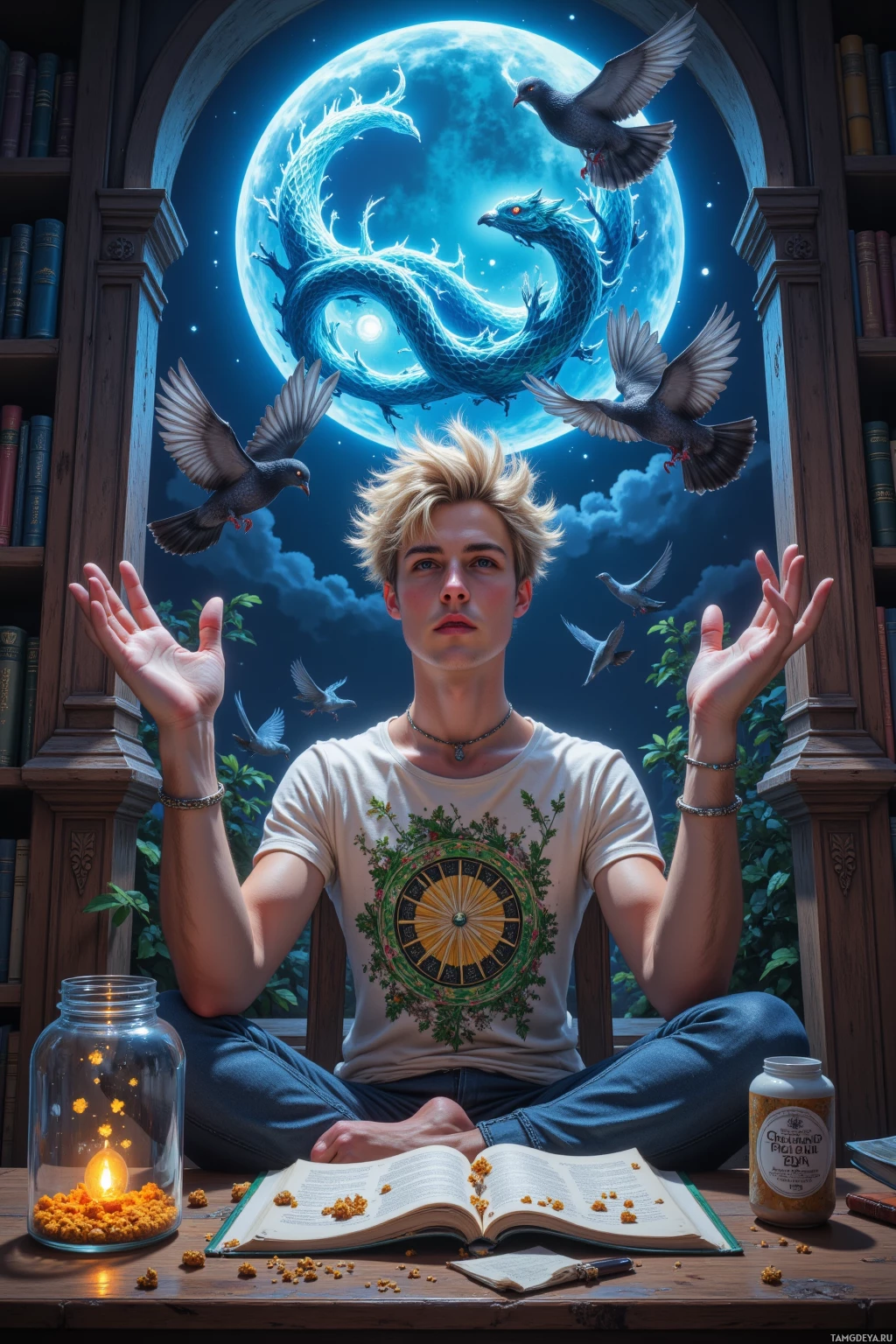 A person sits cross-legged in a room with a glowing blue dragon and flying birds in the background, surrounded by books and a candle.