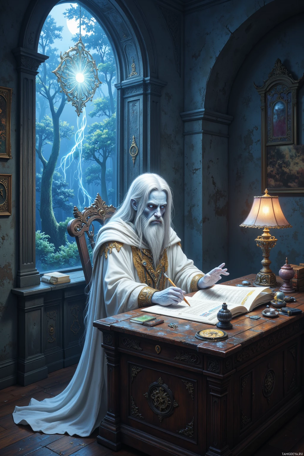 An elderly scholar in ornate attire sits at a desk, writing in a dimly lit room with a glowing window overlooking a forest.