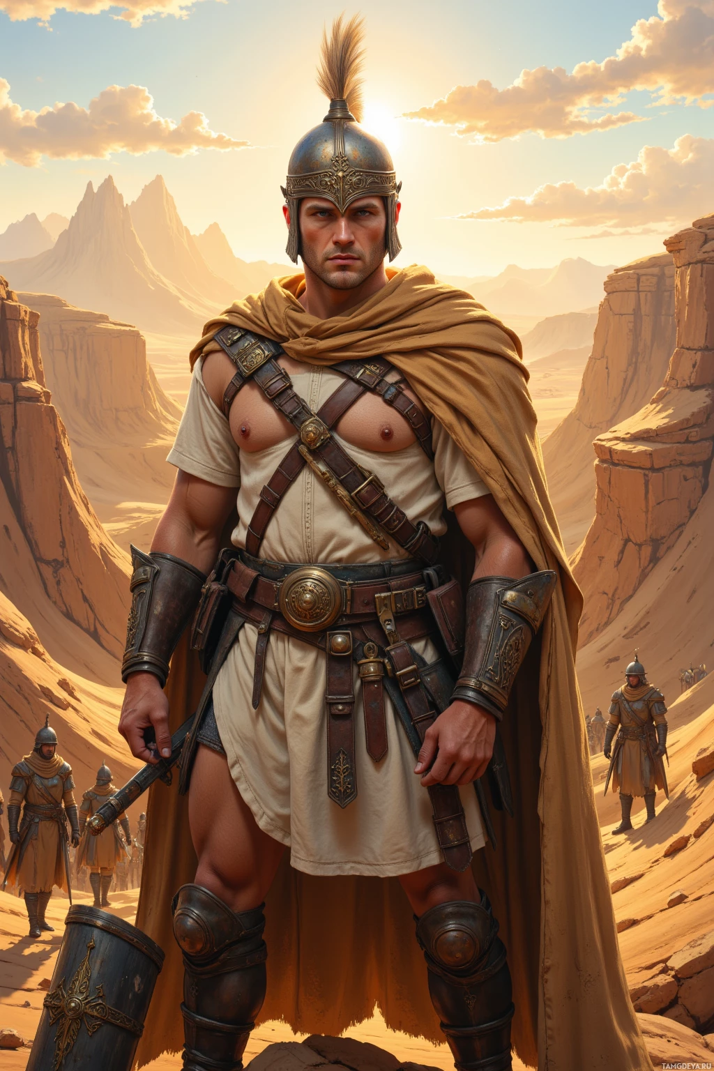 A warrior in a desert landscape, wearing a helmet and armor, stands with a sword and shield, with other soldiers in the background.