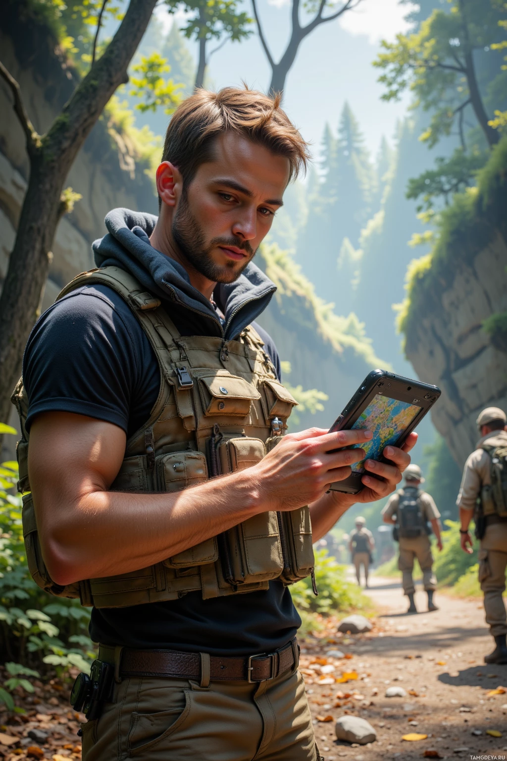 A man in tactical gear uses a tablet in a forested area with other individuals in the background.