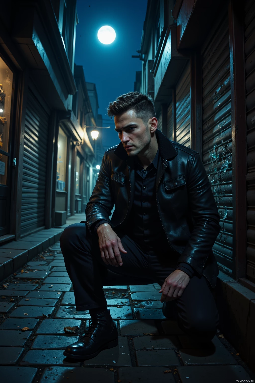 A man in a leather jacket crouches on a cobblestone street under a full moon.