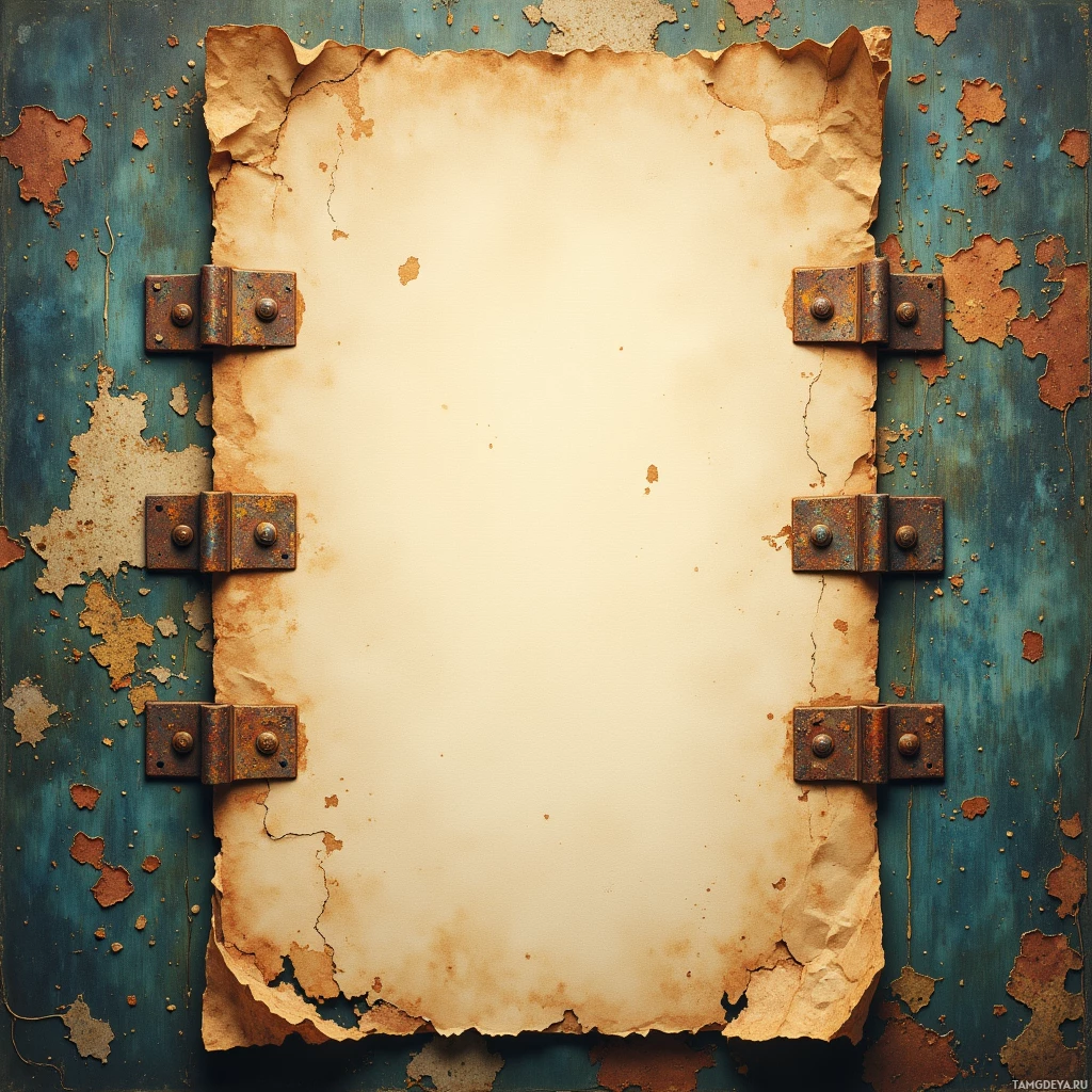 An aged, weathered paper with rusted hinges and peeling paint on a blue background.