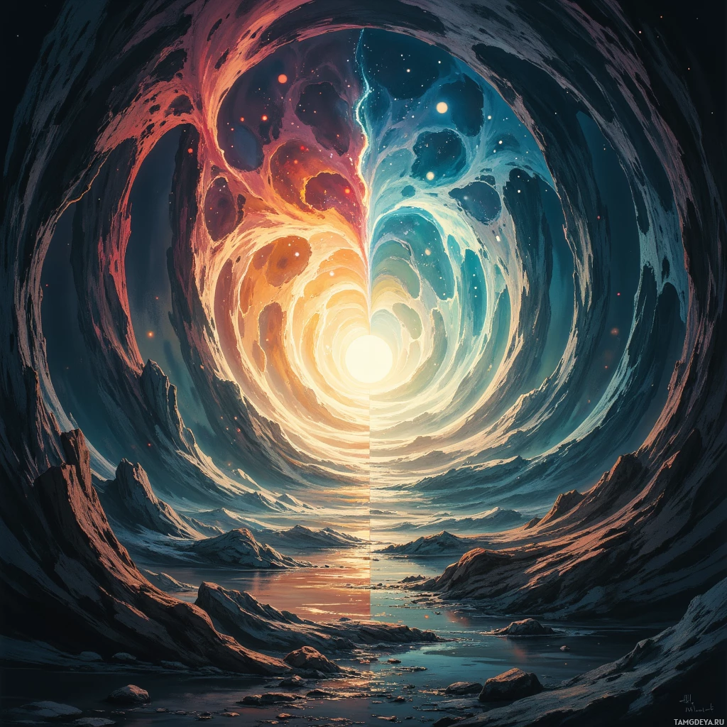 A surreal landscape featuring a swirling vortex of fiery and icy hues, with rocky terrain and a reflective body of water.