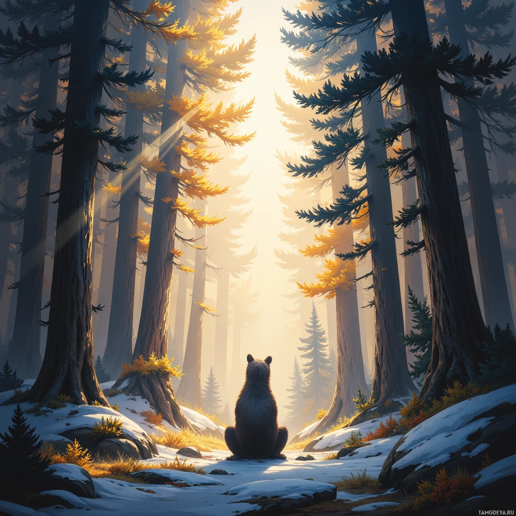 A serene forest scene with tall trees, sunlight filtering through, and a bear sitting on a snowy path.