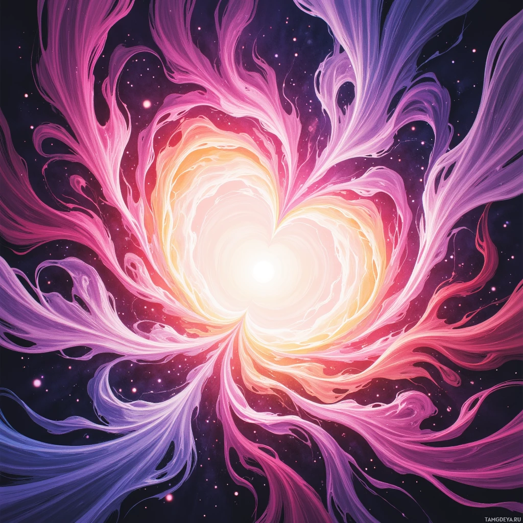 A vibrant cosmic swirl with swirling pink and purple hues against a starry background.