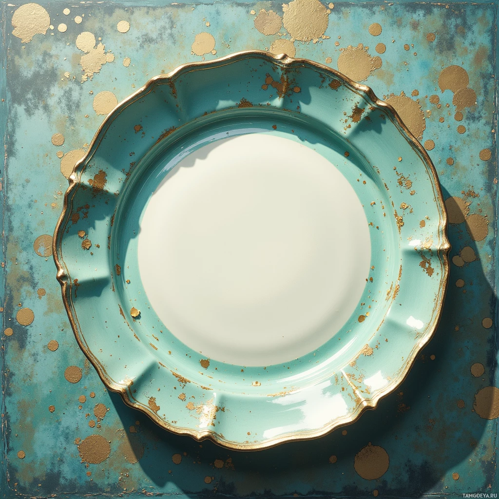 A decorative plate with a scalloped edge and gold accents on a turquoise background.