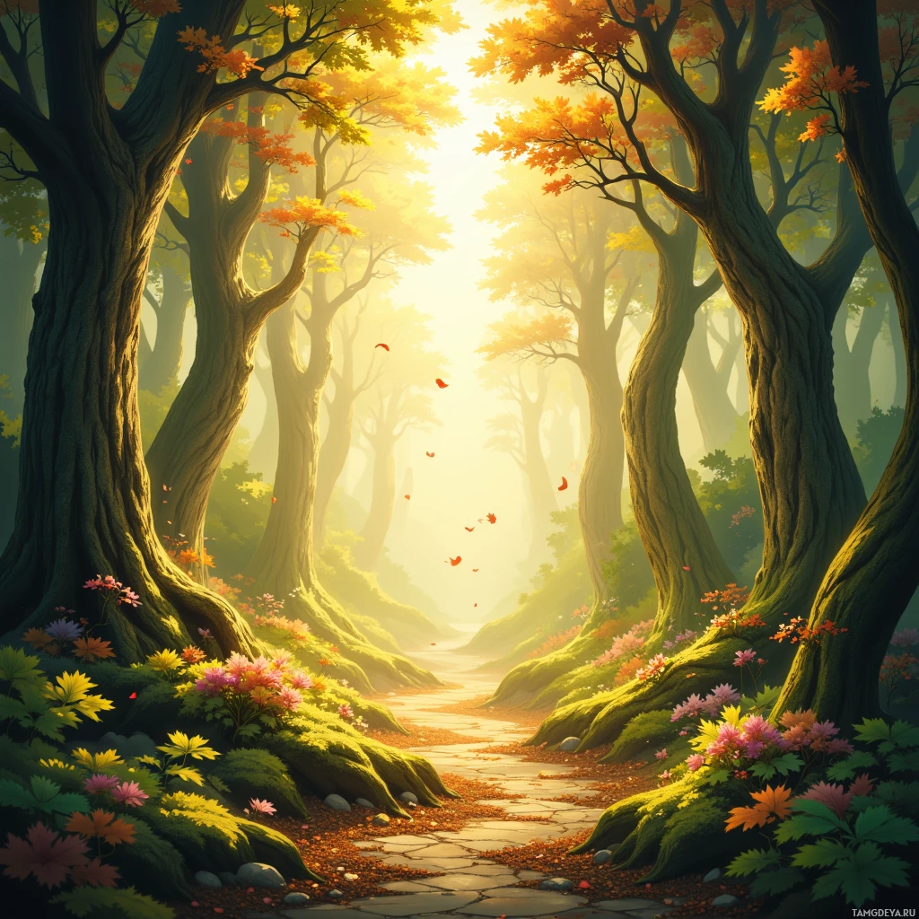 A serene forest scene with a path leading through tall trees and colorful flowers.