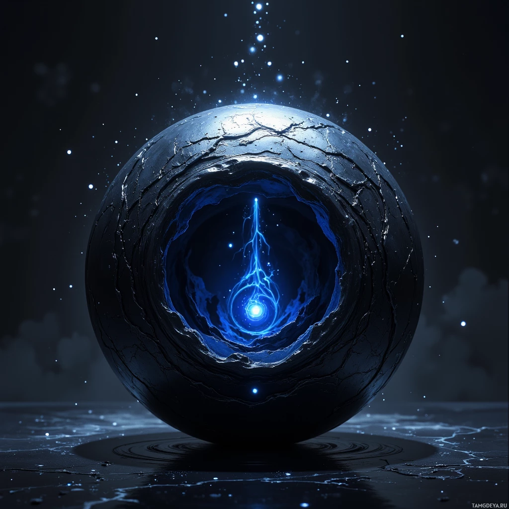 A glowing blue sphere with intricate patterns and a bright light at its center, set against a dark, starry background.