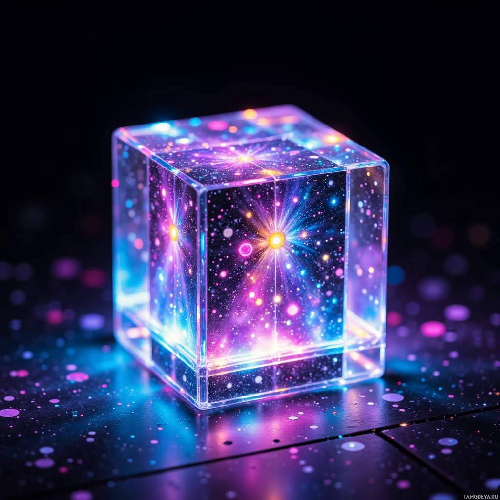 A glowing, transparent cube with a cosmic, starry interior sits on a dark surface.