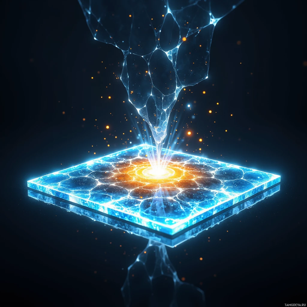 A glowing, crystalline structure emits light and energy, floating against a dark background.