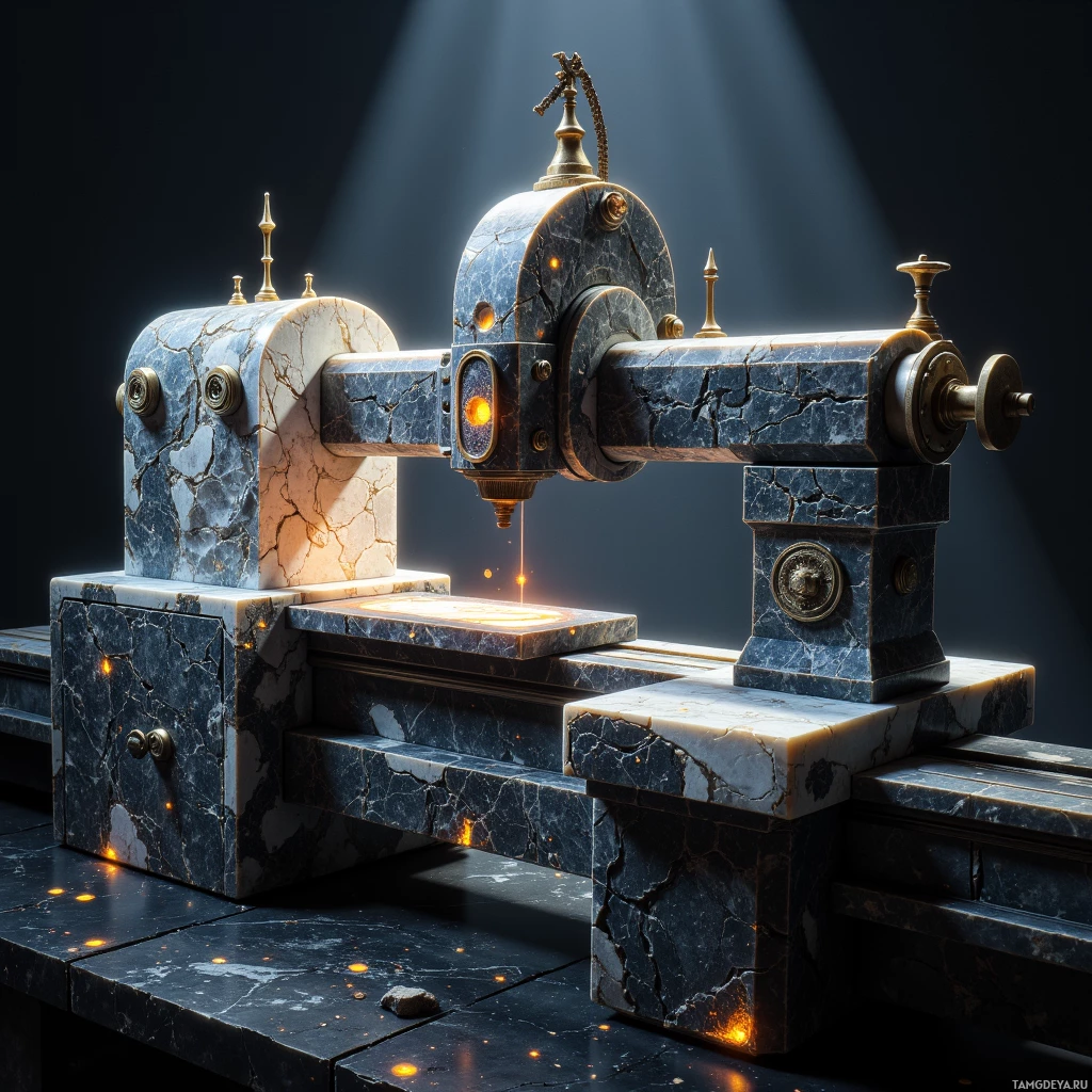 A marble sculpture with intricate details and glowing elements.