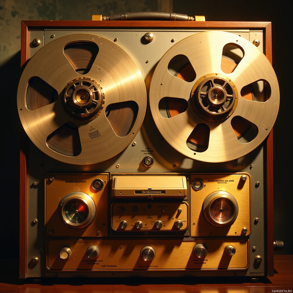 A vintage reel-to-reel tape recorder with large reels and control panel.