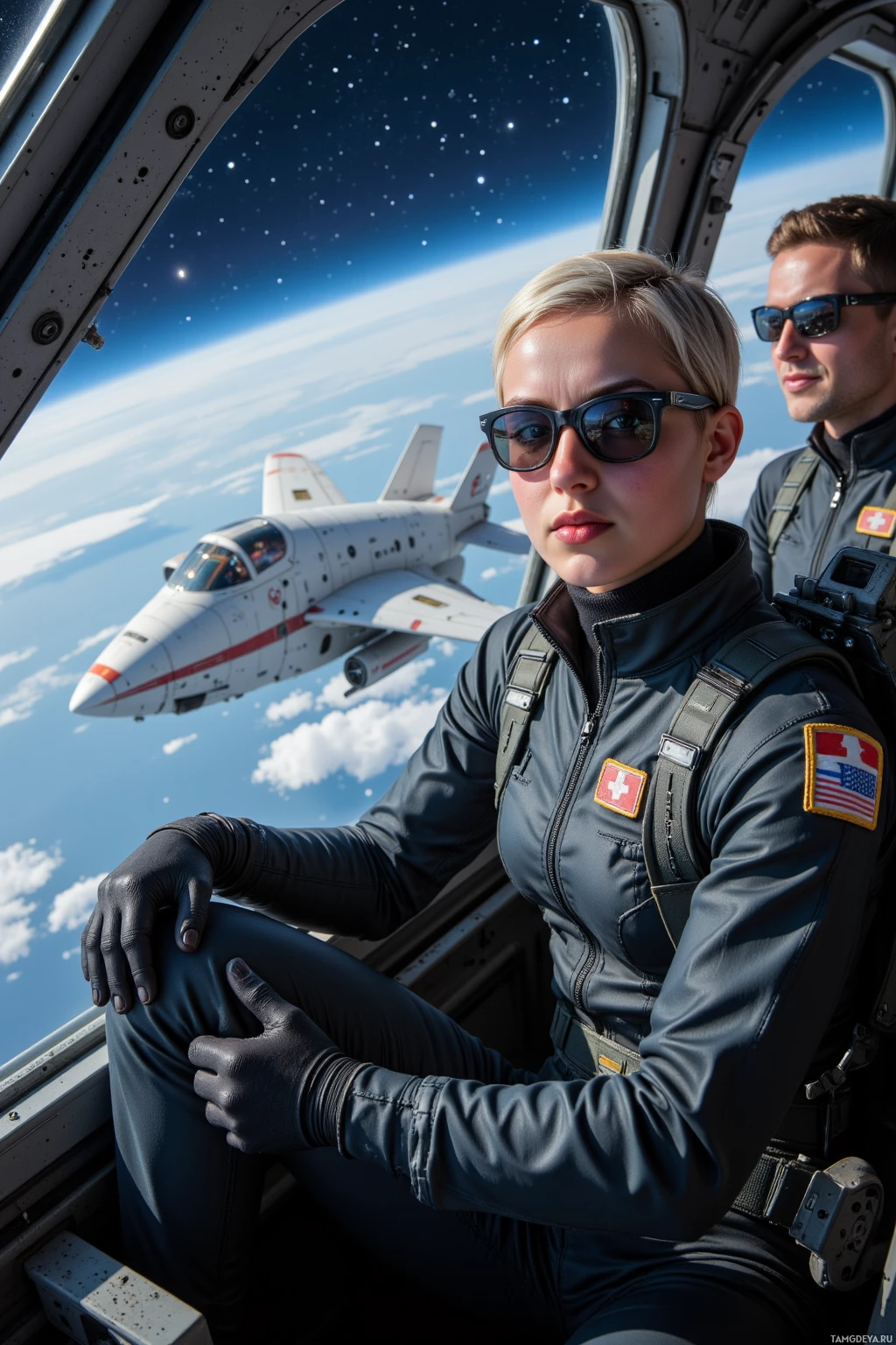 A person in a flight suit sits inside a cockpit, with a view of a jet and Earth below.