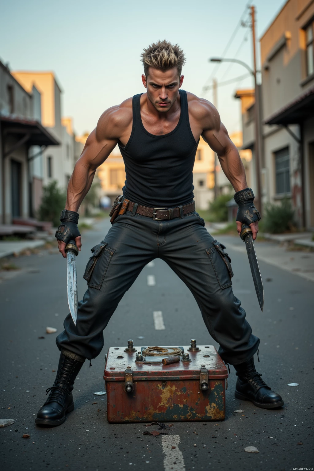 A muscular man in a black tank top and cargo pants stands in an urban alleyway, holding a knife and standing over a rusted metal box.