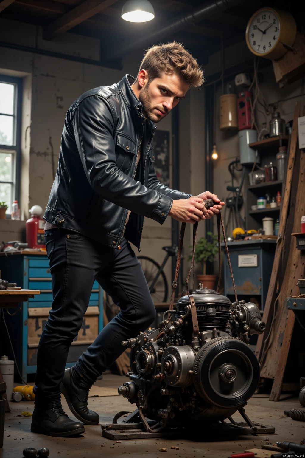 A man in a leather jacket works on a vintage engine in a workshop.