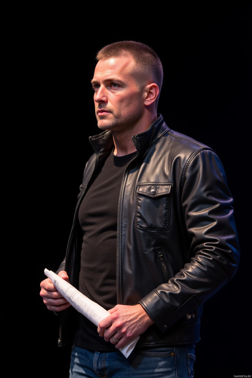 A man in a black leather jacket and jeans holds a piece of paper while standing against a dark background.