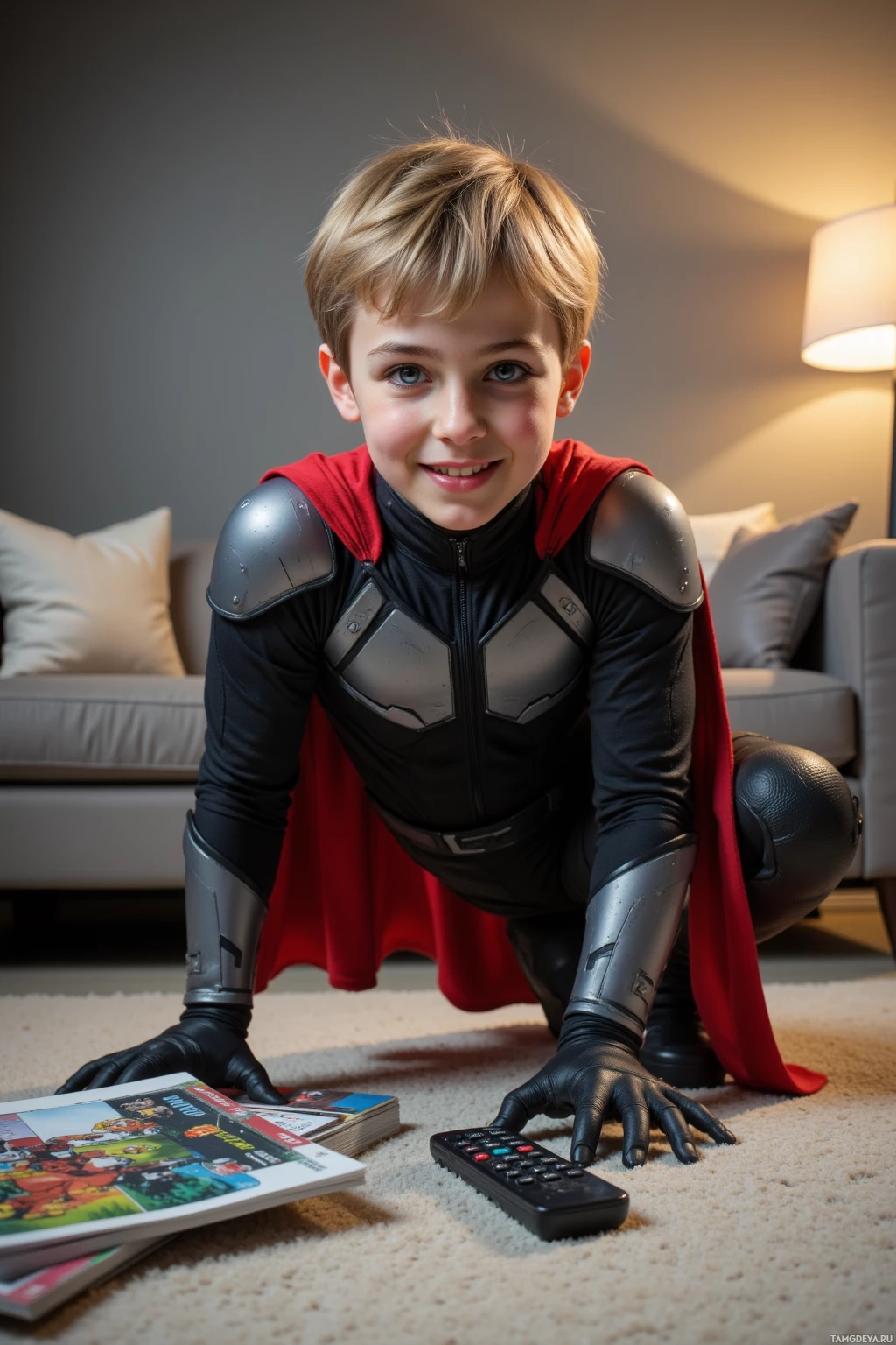 A child in a superhero costume kneels on the floor, holding a remote control and a stack of books.