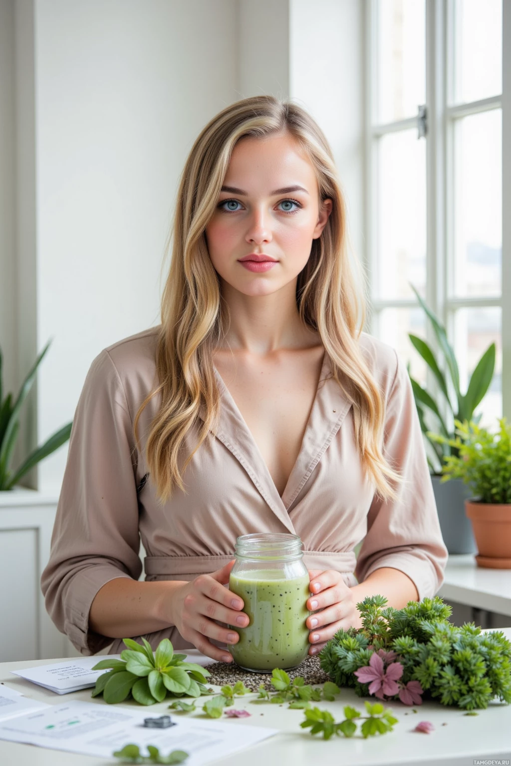 A woman holds a green smoothie in a jar, surrounded by fresh herbs and a clean, bright setting.