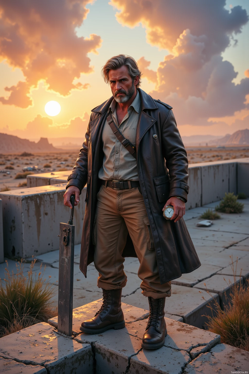 A man stands on a cracked concrete surface in a desert landscape at sunset, holding a briefcase and a watch.