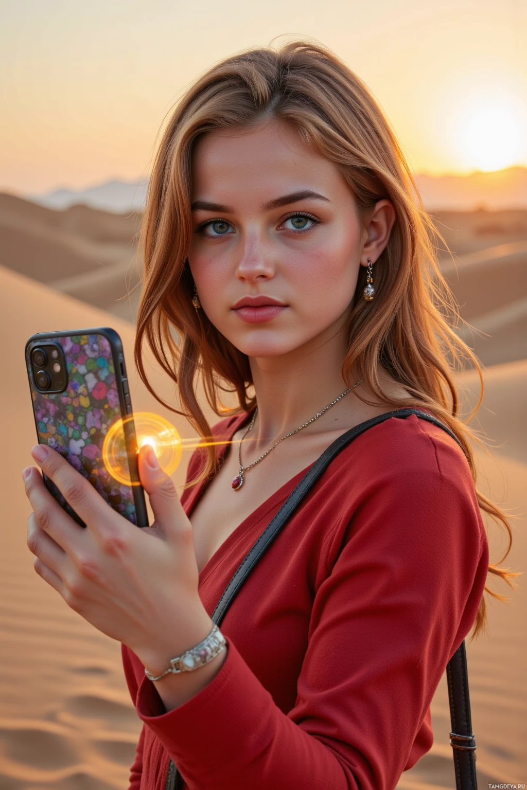 A woman in a desert setting holds a phone with a colorful case, wearing a red top and accessories.