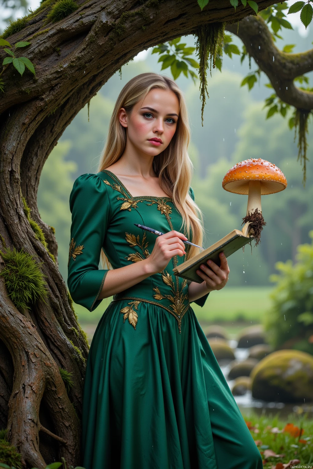 A woman in a green dress stands in a forest, holding a book and a pen.