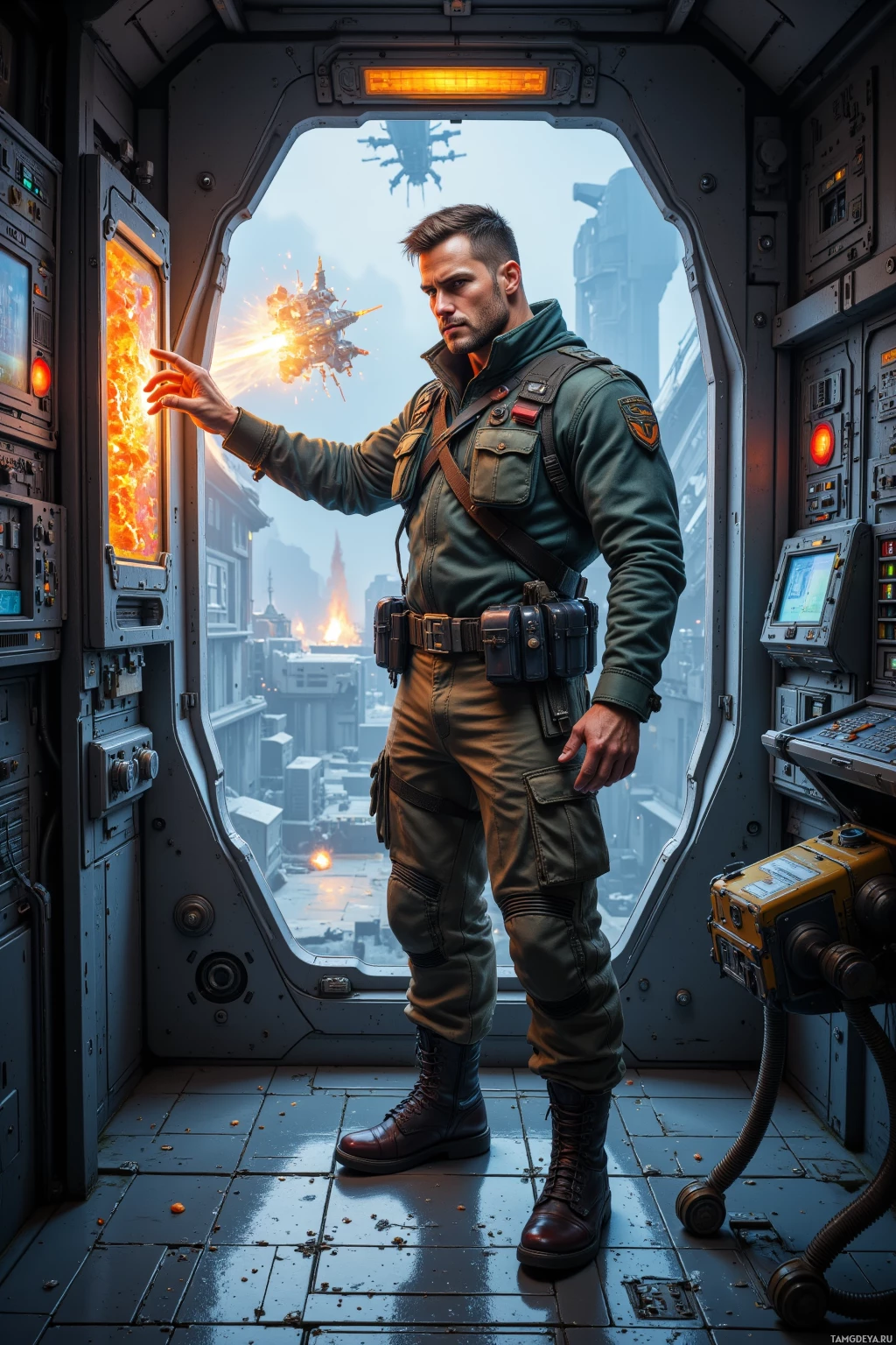 A soldier stands inside a futuristic spacecraft, gazing out at a burning cityscape.