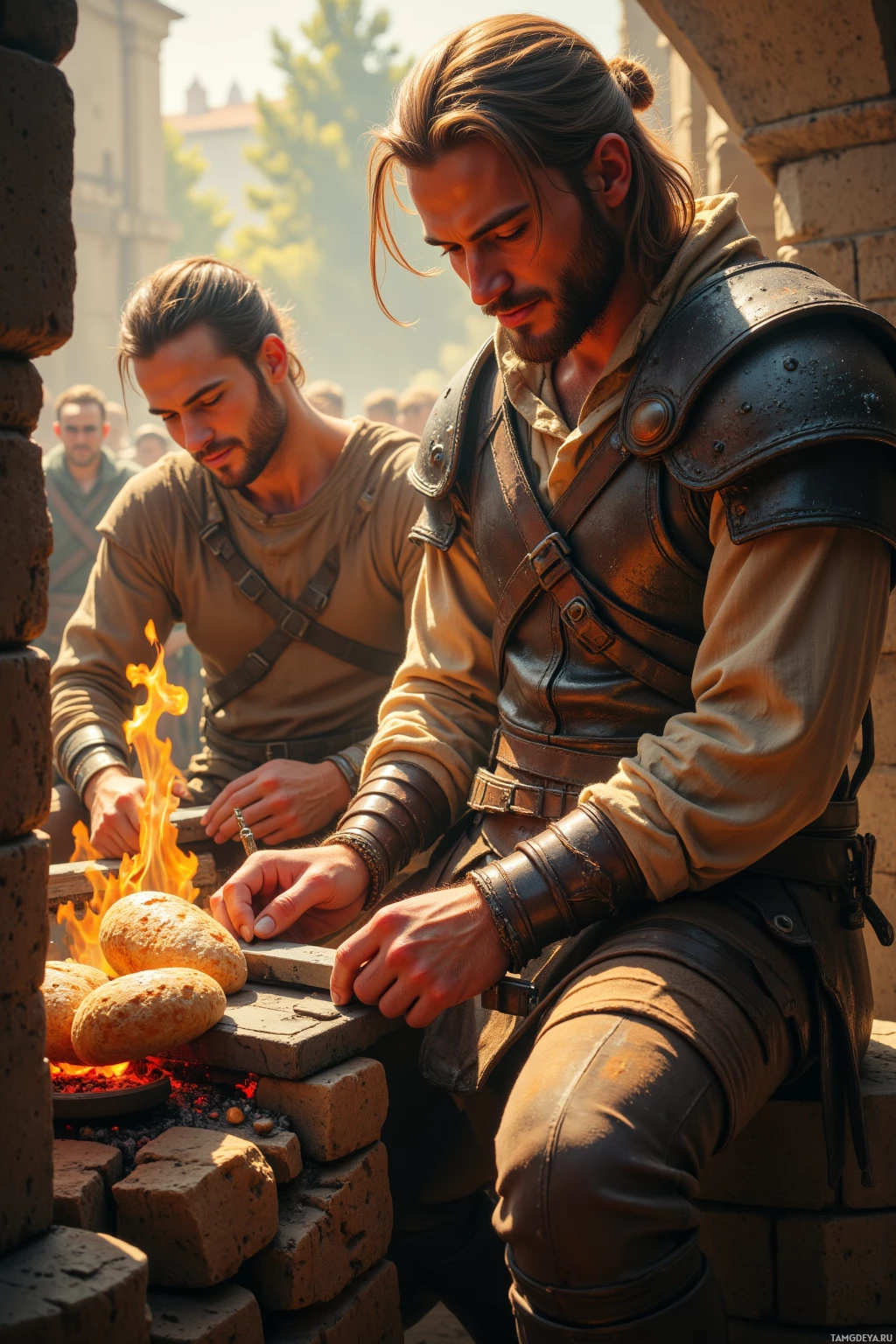 Two men in medieval attire are cooking bread over an open fire.