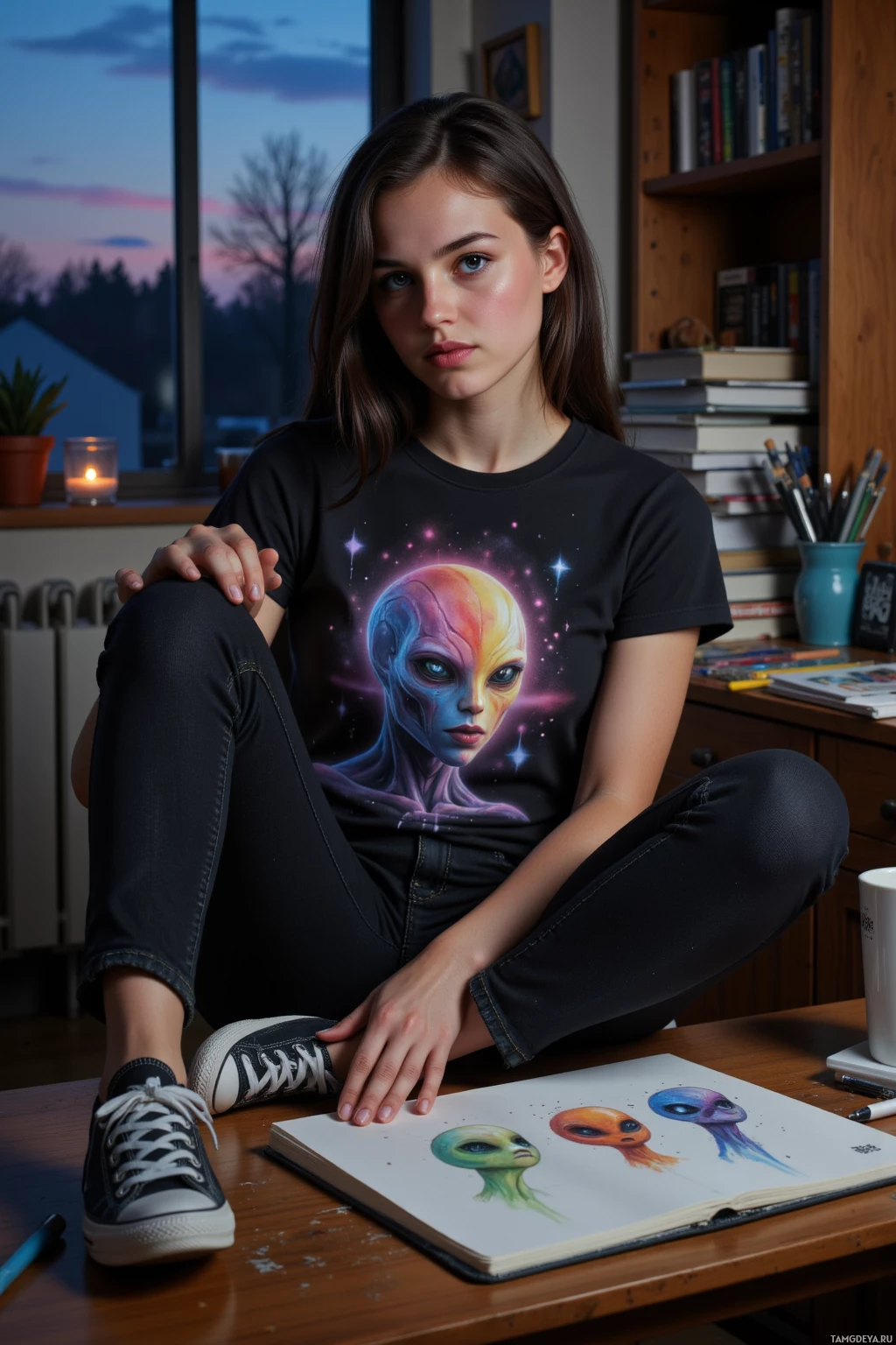 A person wearing a t-shirt with an alien design sits on a desk with art supplies and a sketchbook.