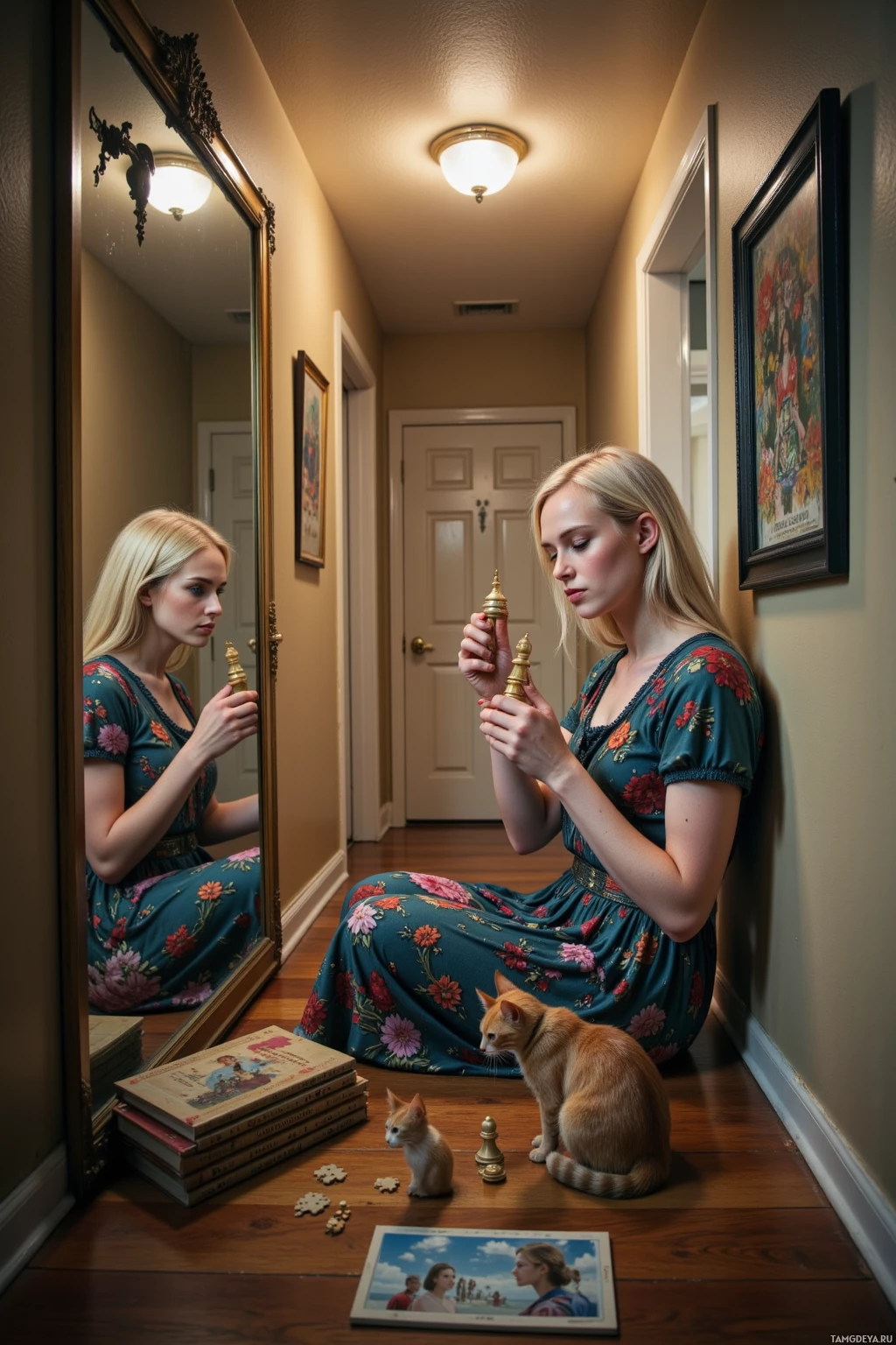 A woman in a floral dress sits on the floor, holding a small object, with a cat and books nearby.