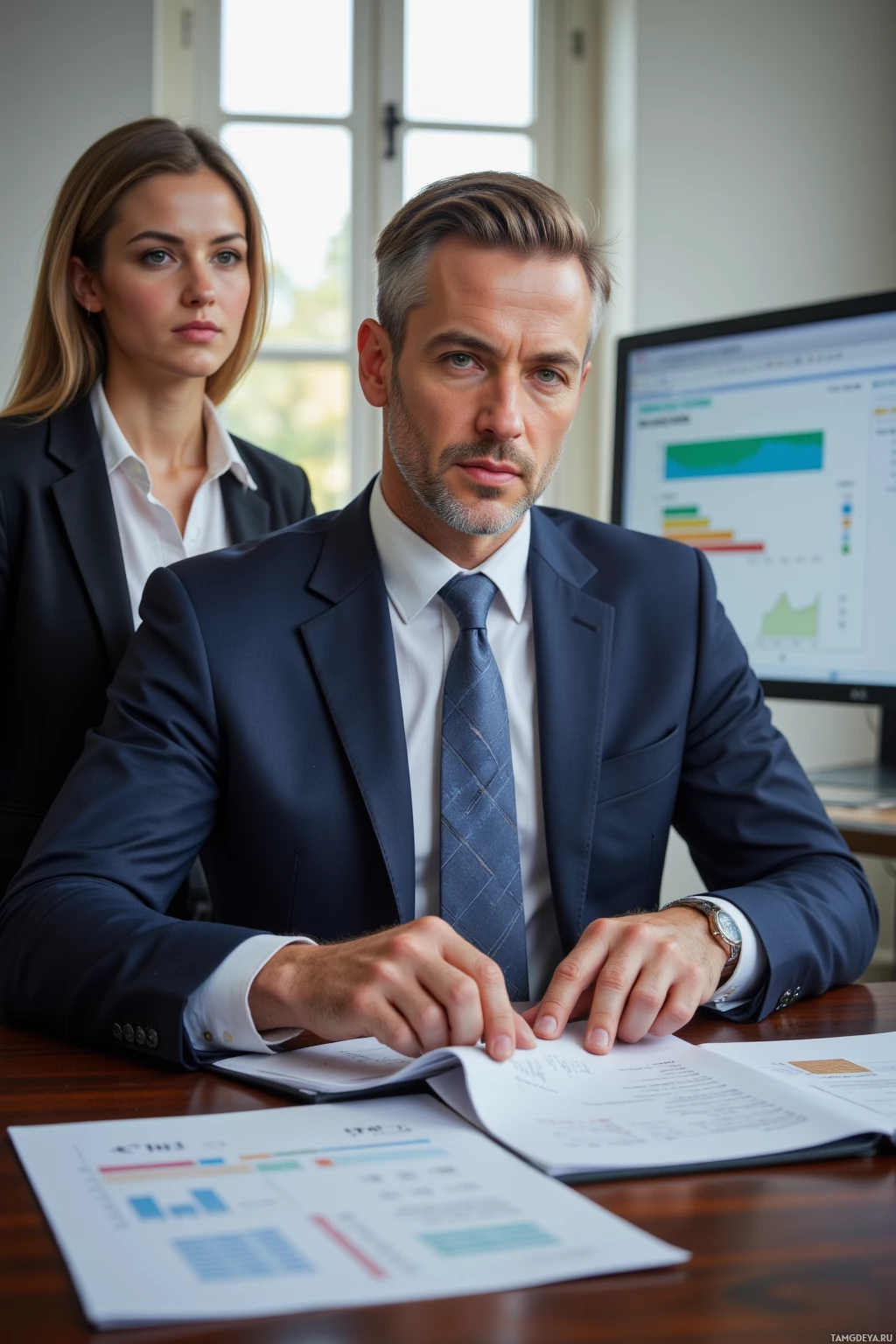A man and a woman in business attire are seated at a desk with documents and a computer screen displaying graphs.