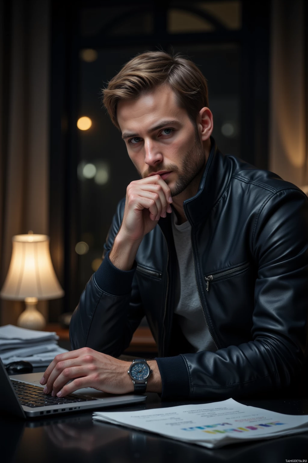 A man in a leather jacket sits at a desk, working on a laptop with a thoughtful expression.