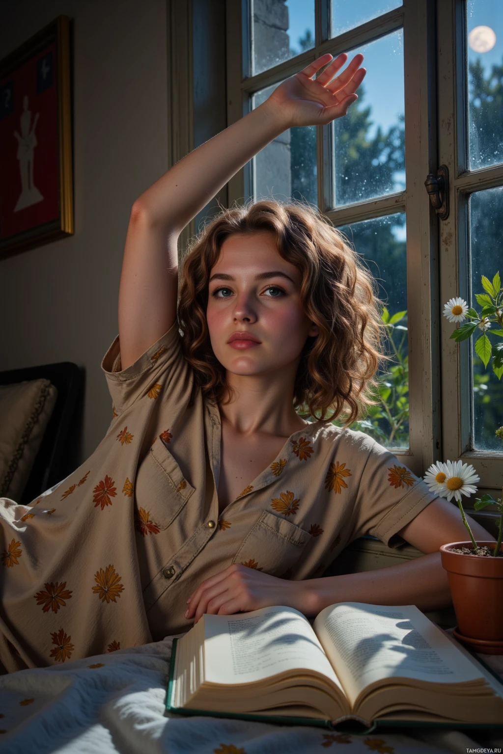 A person with curly hair sits by a window, raising one arm, with an open book and a potted daisy nearby.