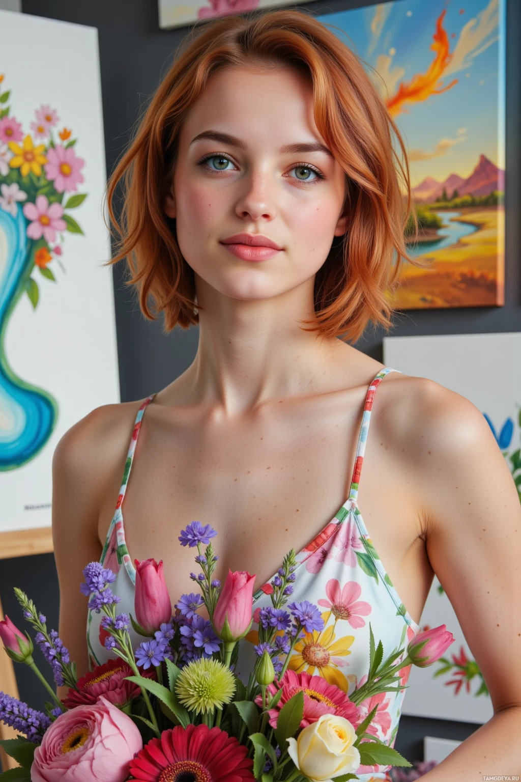 A person with short, wavy red hair wearing a floral top, holding a bouquet of colorful flowers.
