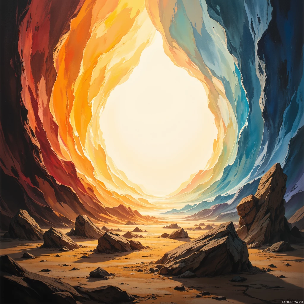 A vibrant, surreal landscape featuring a large, colorful archway leading to a bright, sunlit horizon.