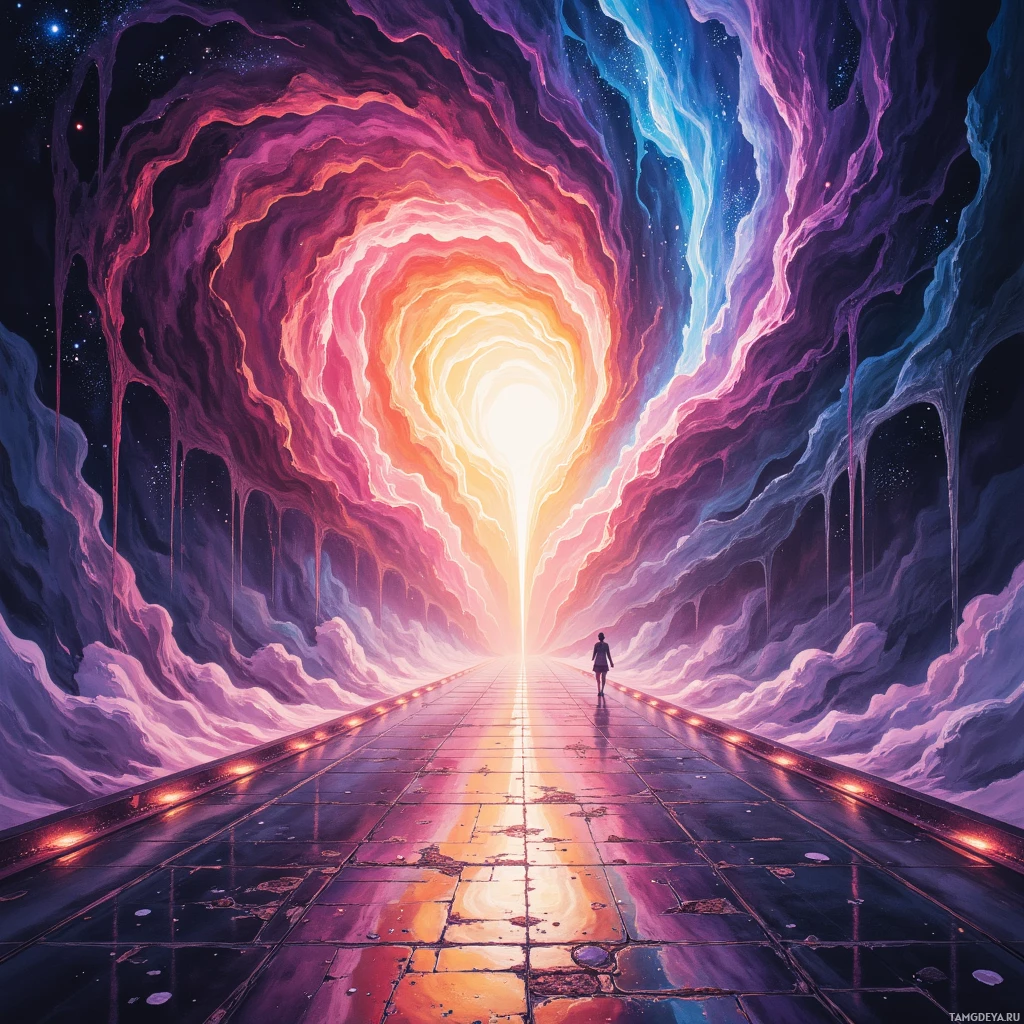 A person walks down a glowing path leading to a radiant light at the end of a cosmic tunnel.