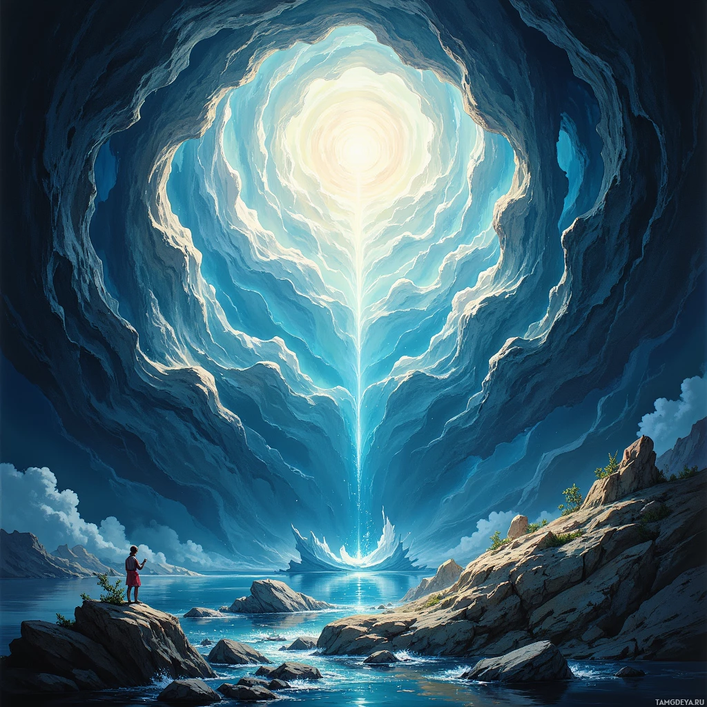 A serene scene of a person standing on a rocky shore, gazing at a glowing, ethereal light source at the end of a cave.