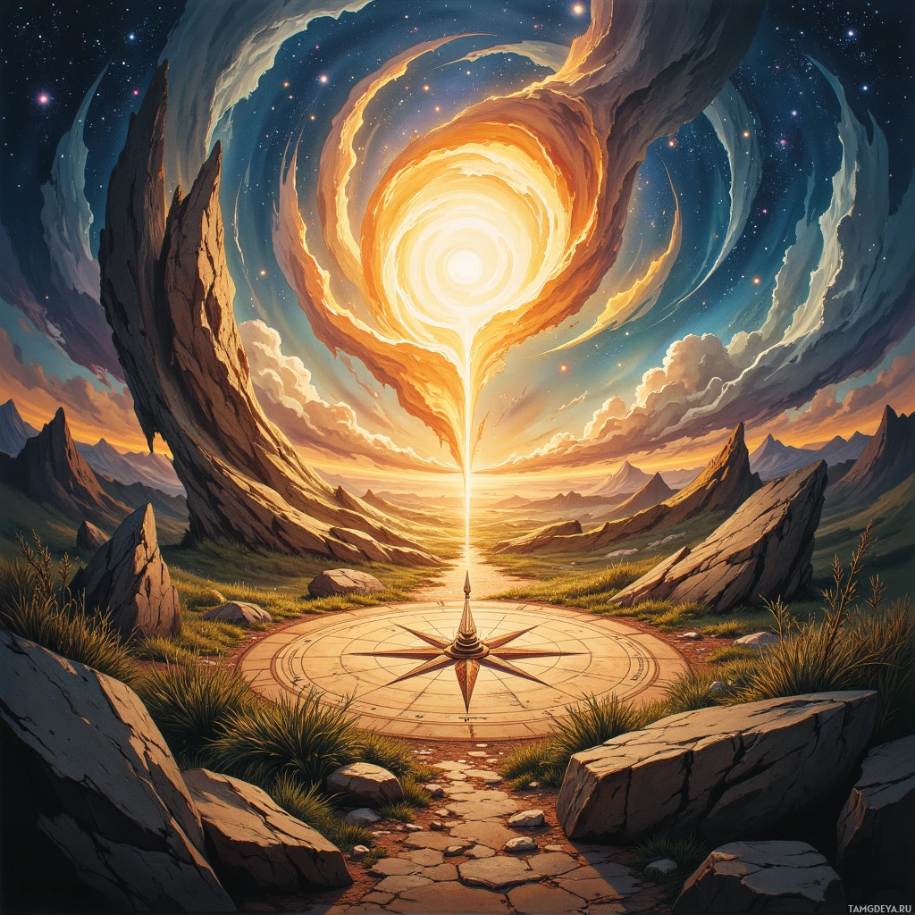 A surreal landscape featuring a compass at the base, leading to a glowing portal in the sky.